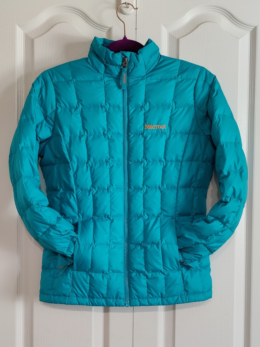 Marmot Women's XS 600-Fill Down Puffer Jacket Teal Blue Orange Lightweight Sol